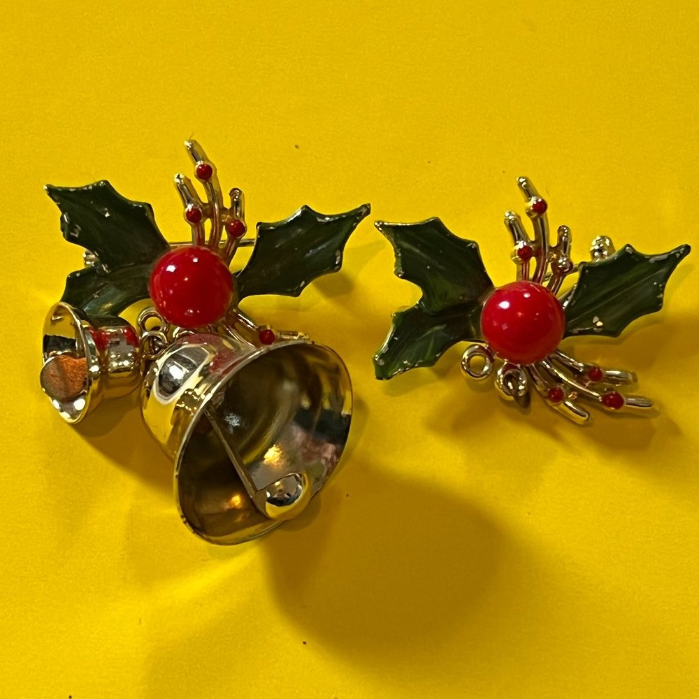 Vintage Enameled Holly Christmas Bell Brooch & Holly Pin